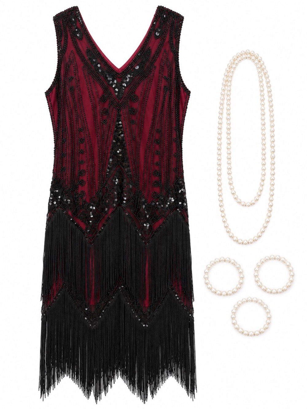 1920s Vintage-Inspired Black and Burgundy Fringe Flapper Dress | Size Medium